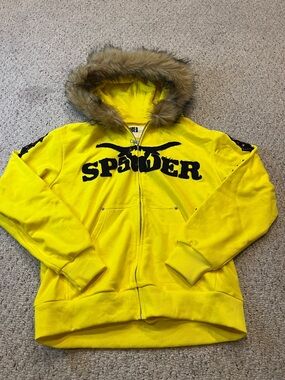 Spyder Kids Bright Yellow Hooded Puffer Jacket with Faux-Fur Trim
